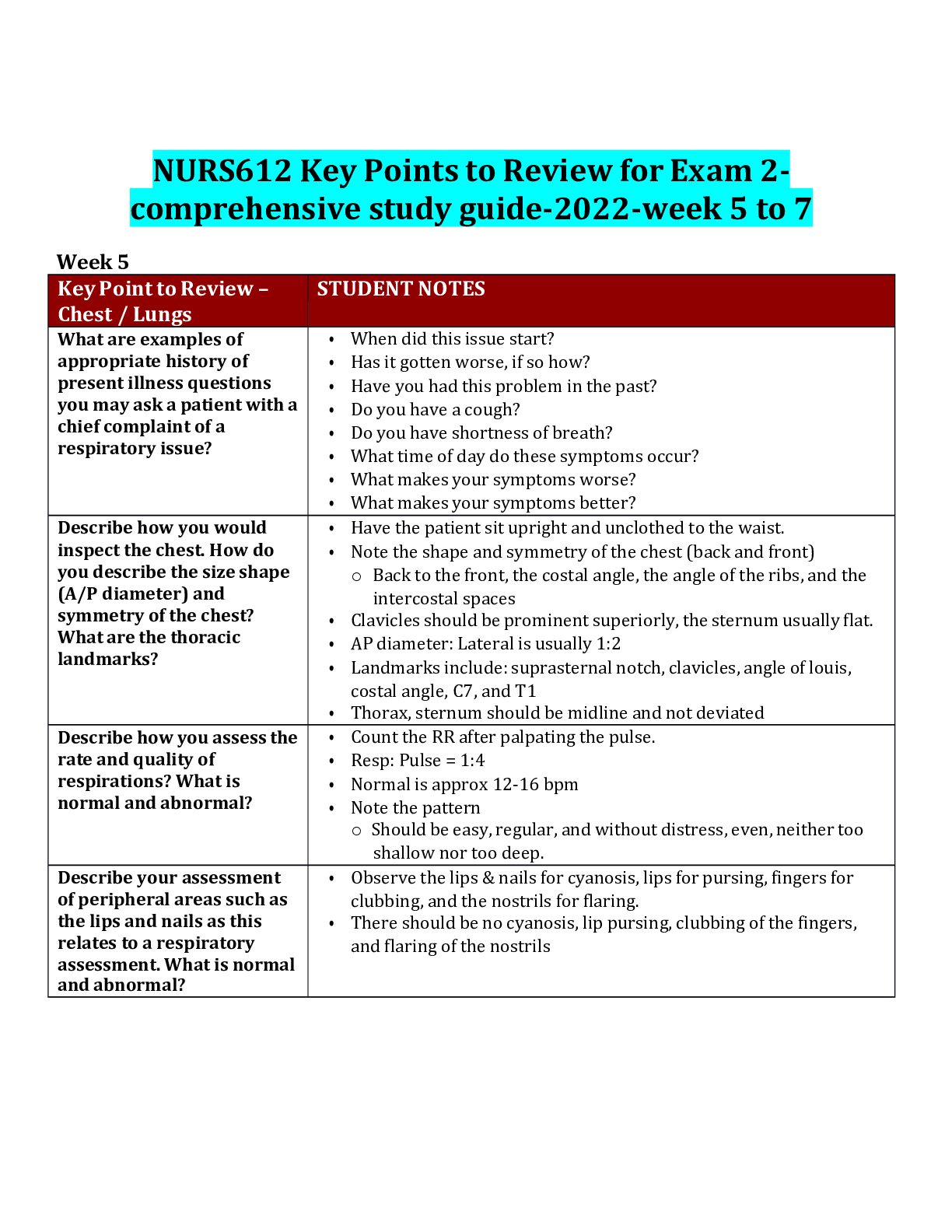 Preview of NURS612 Key Points to Review for Exam 2-comprehensive study guide-2022-week 5 to 7